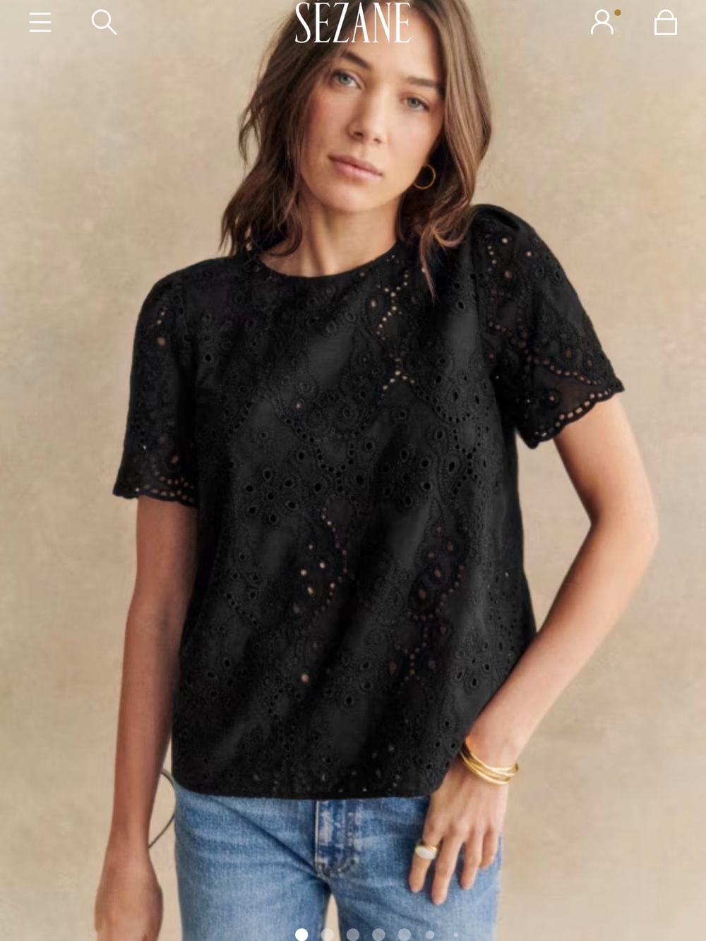 Sezane Annabelle Black Eyelet Cotton Short Sleeve Blouse
